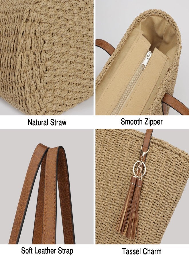 Youjaree Womens Large Straw Tote Bag Handmade Woven Shoulder Tote Handbag Summer Beach Purse with Tassel (Khaki) - Image 3
