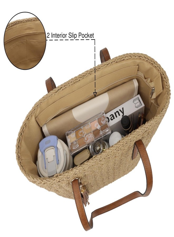 Youjaree Womens Large Straw Tote Bag Handmade Woven Shoulder Tote Handbag Summer Beach Purse with Tassel (Khaki) - Image 5