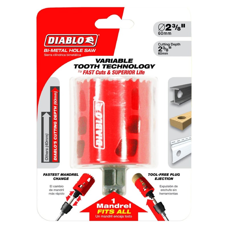 Diablo Bi-Metal Hole Saw With Variable Tooth Design For Faster Cuts - Fits With Snap-Lock Plus Mandrel System - 2-3/8"" Diameter, 2-3/8"" Length - Dhs2375 - Image 2