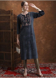 Vishudh Navy Blue Floral Embroidered Straight Kurta  - Image 1
