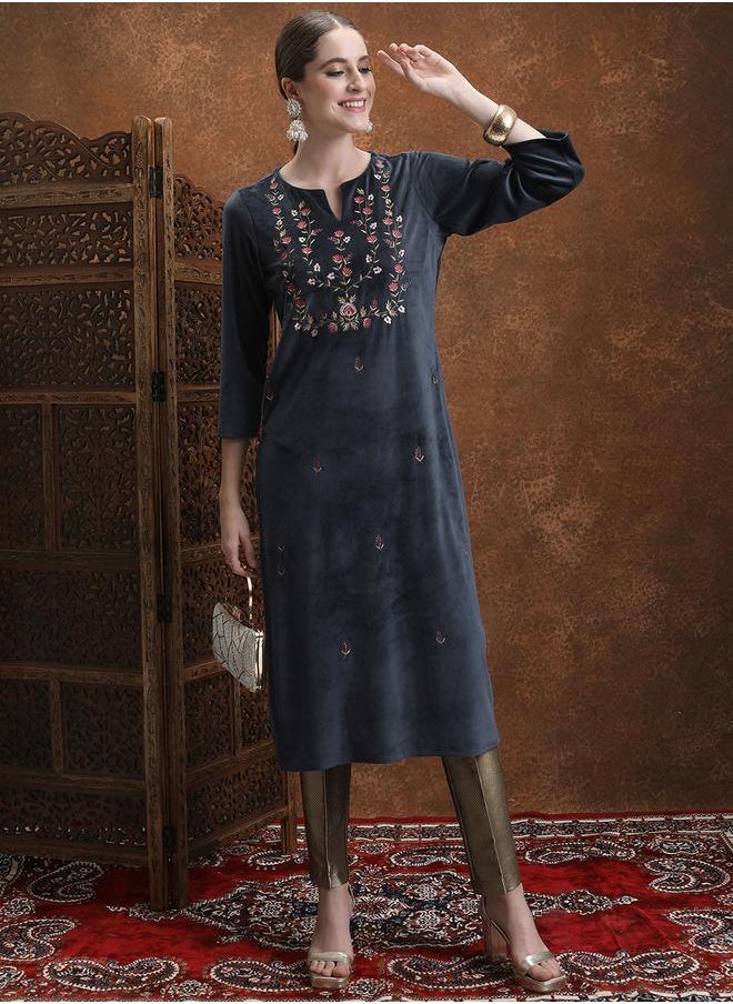 Vishudh Navy Blue Floral Embroidered Straight Kurta by Styli  - Image 1