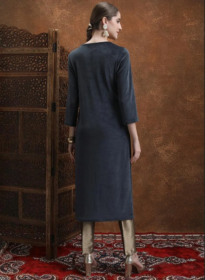 Vishudh Navy Blue Floral Embroidered Straight Kurta by Styli