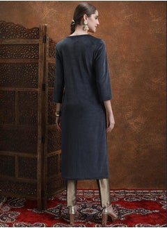 Vishudh Navy Blue Floral Embroidered Straight Kurta  - Image 3