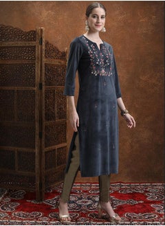 Vishudh Navy Blue Floral Embroidered Straight Kurta  - Image 4