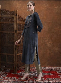 Vishudh Navy Blue Floral Embroidered Straight Kurta  - Image 2