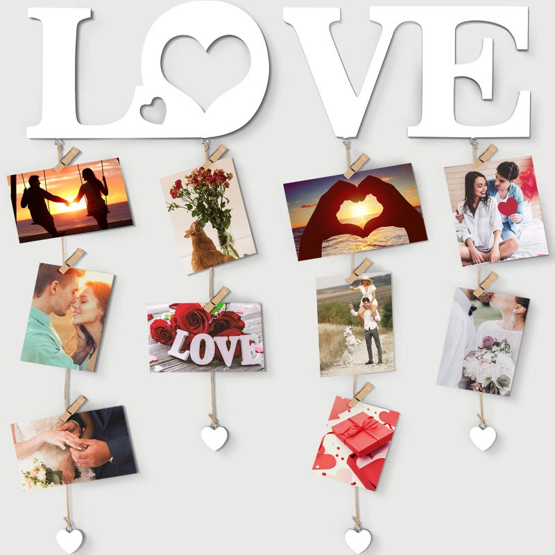 Chuangdi Valentine Picture Frames Love Hanging Photo Display Wall Decor with Clips String Picture Hanger Heart Design Decorative Organizer Display for Home Bedroom Living Room Decoration White