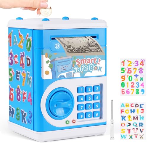 STOPKLAS Piggy Bank for Kids Electronic Mini ATM Bank with Password for Boys Girls Money Saving Box with Auto Grab Bill Slot Cash Coin Can Money Safe Toy Birthday for Age 312 Blue - Image 1