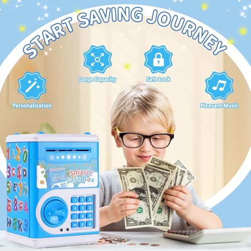 STOPKLAS Piggy Bank for Kids Electronic Mini ATM Bank with Password for Boys Girls Money Saving Box with Auto Grab Bill Slot Cash Coin Can Money Safe Toy Birthday for Age 312 Blue - Image 5