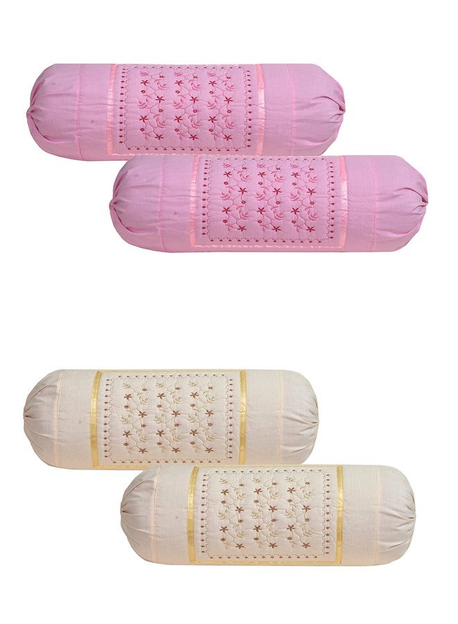 HSR Collection Embroidered Cotton Bolster Round Side Pillow Covers (Pack of 4, Pink & Peach) - Image 1
