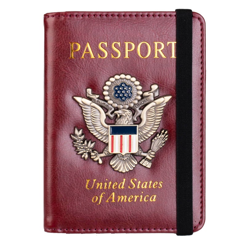 TOURSUIT RFID Blocking Passport Holder for Women Men, Leather Passport Travel Wallet with Metal 3D Metal Badge, Travel Document Holder Cover Accessories (Rose Red) - Image 1