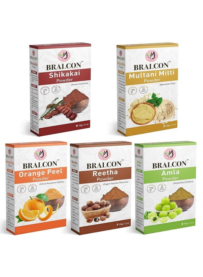 BRALCON Organic Amla, Reetha, Shikakai, Multani Mitti, Orange Powder Combo-500g (100g x 5 Pack)|Amla Powder, Reetha Powder, Shikakai Powder, Multani Mitti, Orange Peel Powder for Hair & Skin Care - Image 1