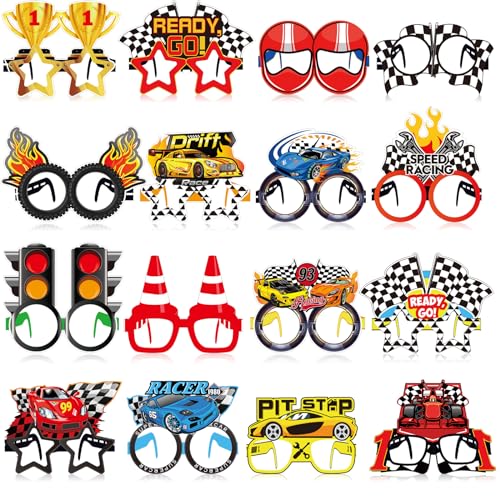 Herdear 32 Pack Race Car Party Favors for Boys Racing Paper Glasses Frames Checkered Flag Eyeglasses for Kids Birthday Party Supplies Baby Shower Photo Booth Props Racing Theme Goody Bag Fillers - Image 1