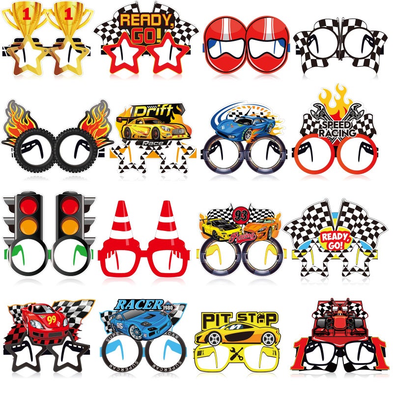 Herdear 32 Pack Race Car Party Favors for Boys Racing Paper Glasses Frames Checkered Flag Eyeglasses for Kids Birthday Party Supplies Baby Shower Photo Booth Props Racing Theme Goody Bag Fillers - Image 2