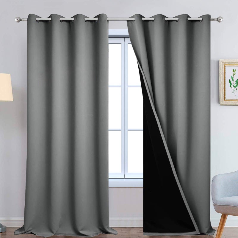 Yakamok Yakamok Gray 100 Blackout Curtains Energy Saving Thermal Insulated 2 Thick Layers Completely Blackout Drapes with Black Liner for Bedroom 52Wx108L Grey 2 Panels 