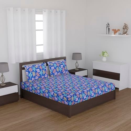 Status Contract -Cotton Rich Double Bedsheet with 2 Pillow Covers for Bed Room, Home, Hotel-120 GSM (Blue Leaves) - Image 2
