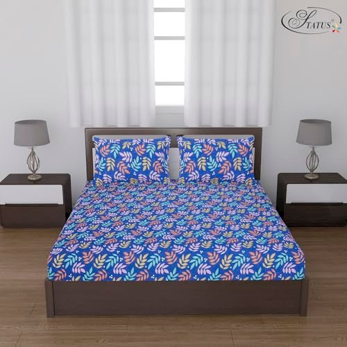 Status Contract -Cotton Rich Double Bedsheet with 2 Pillow Covers for Bed Room, Home, Hotel-120 GSM (Blue Leaves) - Image 1