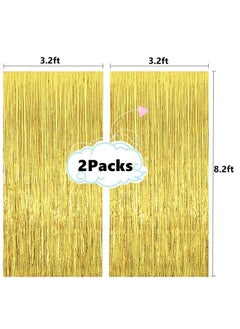 i-CHONY 2 Pcs 3.2Ft X 8.2Ft Shiny Gold Metallic Tinsel Foil Fringe Curtains Photo Booth Backdrop For Birthday Wedding Holiday Celebration Bachelorette Party Decorations (Gold)  - Image 3