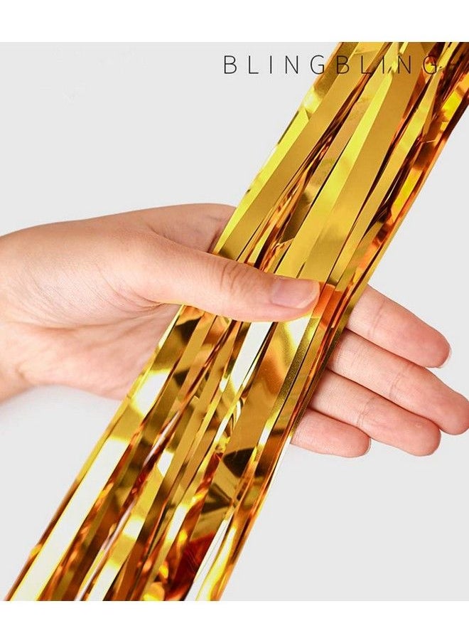i-CHONY 2 قطعة 3.2 قدم × 8.2 قدم لامعة ذهبية معدنية بهرج فويل هامش ستائر كشك الصور خلفية لأعياد الميلاد وحفلات الزفاف والاحتفالات وديكورات حفلات العازبة (ذهبي)  - Image 4
