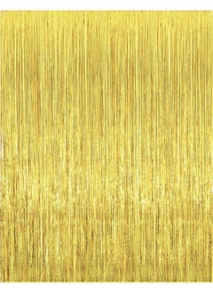 i-CHONY 2 Pcs 3.2Ft X 8.2Ft Shiny Gold Metallic Tinsel Foil Fringe Curtains Photo Booth Backdrop For Birthday Wedding Holiday Celebration Bachelorette Party Decorations (Gold)  - Image 1