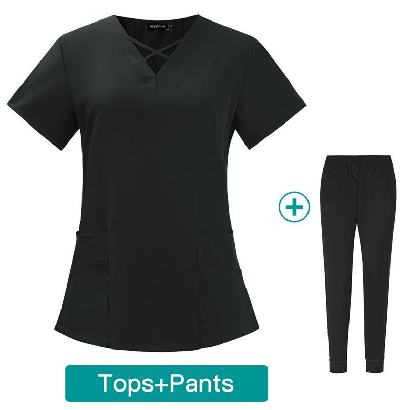 Womens Summer Thin Medical Scrubs Set Breathable 42026-LW Black  - Image 1