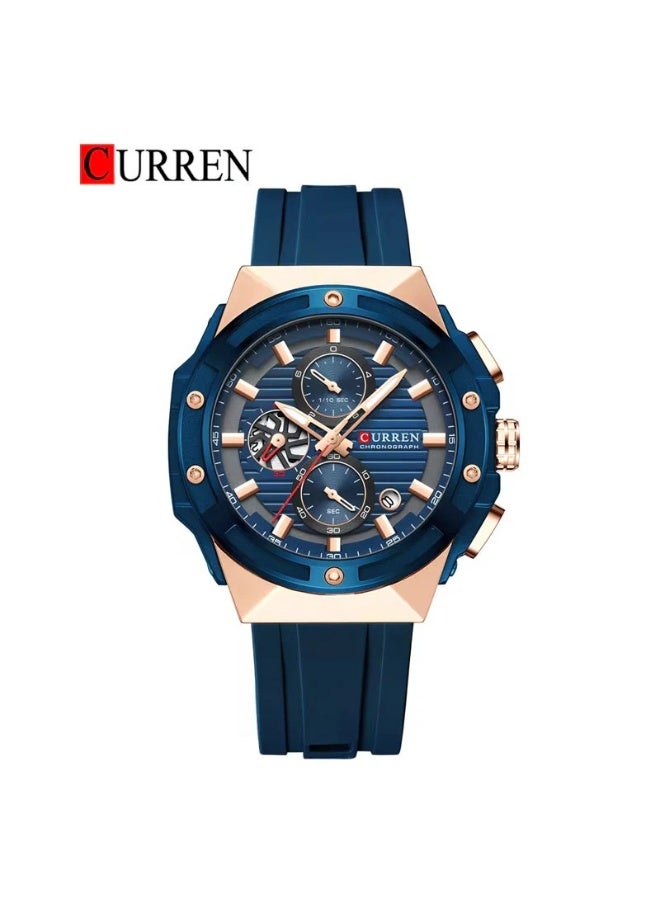CURREN ساعة كيرين 8462 الجديدة للرجال، ساعة رياضية عصرية من السيليكون، ساعة مضيئة للرجال، ساعة كوارتز بتقويم، ساعة يد مقاومة للماء، ساعة كرونوغراف زرقاء - Image 1