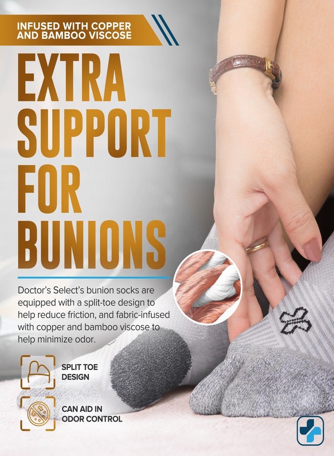 Doctor's Select 2 Pairs Bunion Socks for Women and Men - Copper & Bamboo Viscose Infused Bunion Relief Socks with Toe Separator | Black & Gray - Image 2
