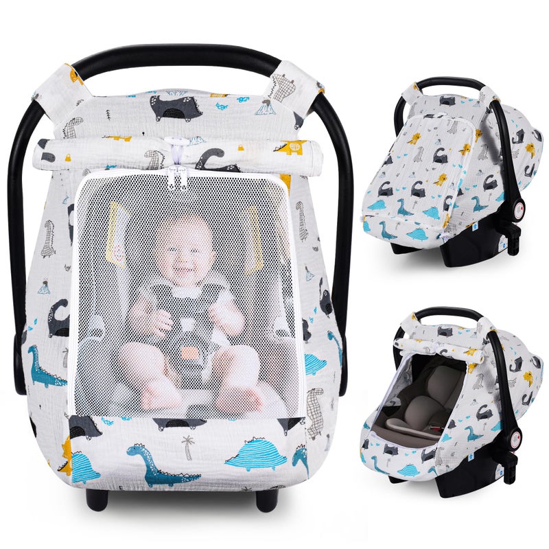 Rquite Car Seat Cover Baby Carseat Covers Girl Boy Breathable Muslin Cotton Large Mesh Window Infant Car Seat Canopy Baby Carrier Cover Stroller Sun Shade for Summer Hot Day - Image 2