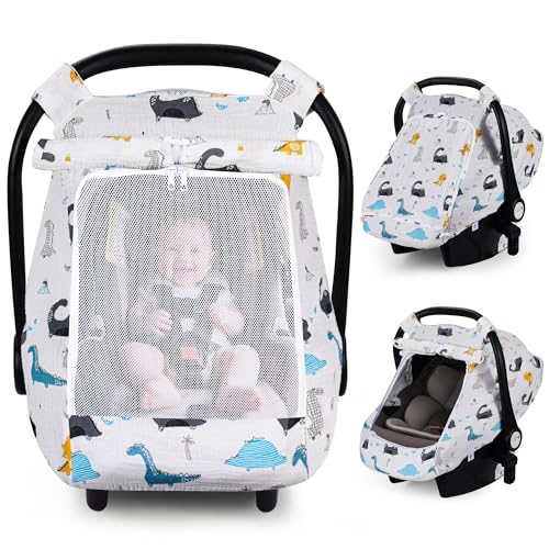 Rquite Car Seat Cover Baby Carseat Covers Girl Boy Breathable Muslin Cotton Large Mesh Window Infant Car Seat Canopy Baby Carrier Cover Stroller Sun Shade for Summer Hot Day - Image 1