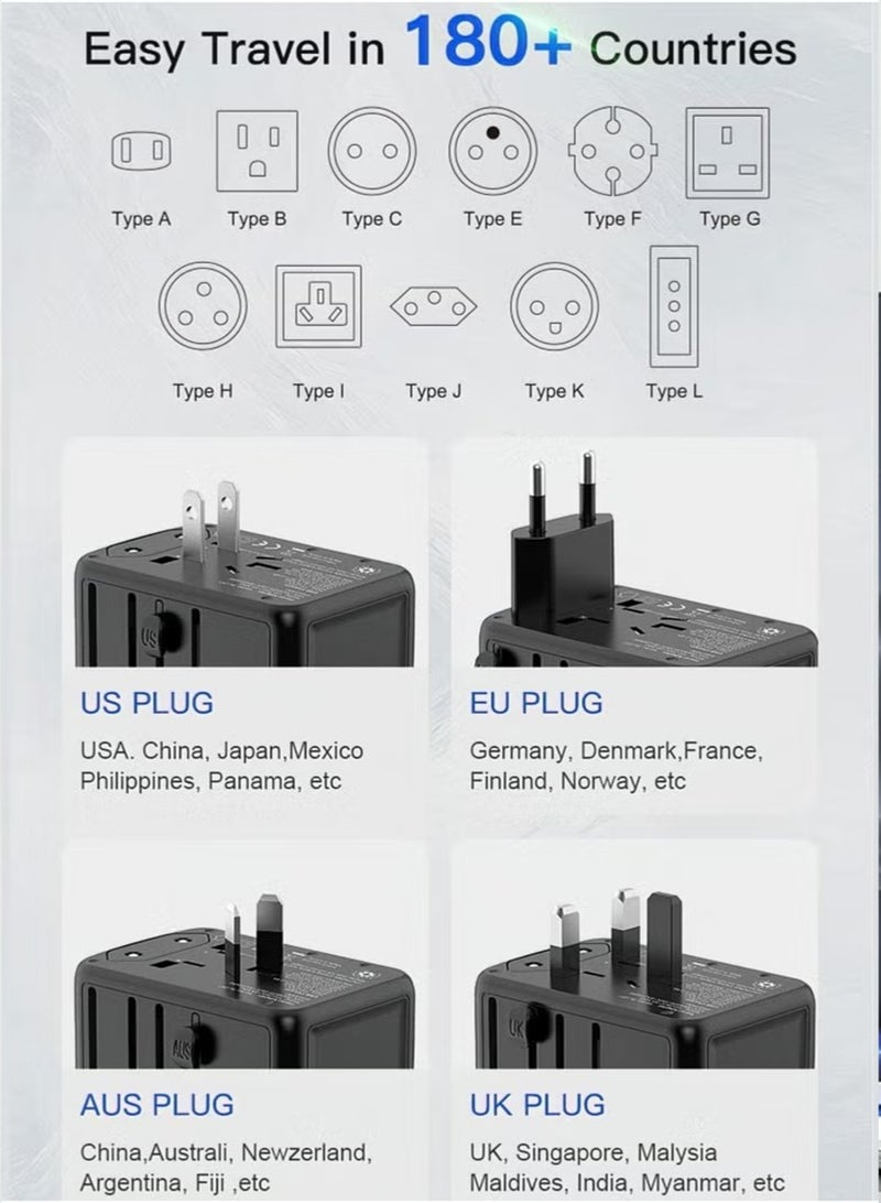 Universal International Power Travel Plug Adapter, 5 in 1 European Travel Plug Adapter W/ 3.5A 2xUSB-A and 2xUSB C Wall Charger and Worldwide AC Outlet for Europe USA UK AUS Asia Black - Image 3