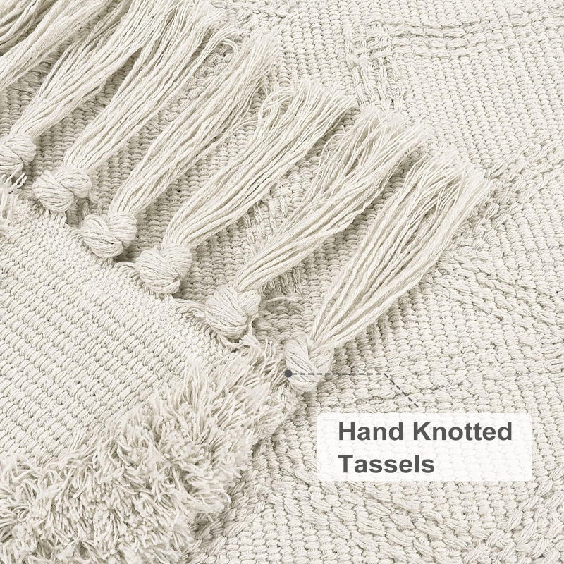 Uphome Boho Bathroom Runner Rug 2' x 4.3', Washable Woven Cotton Bedroom Rug Runners, Beige Aesthetic Tufted Entryway Runner Rugs, Bohemian Tribal Throw Rugs for Bedside Living Room Laundry Kitchen - Image 3