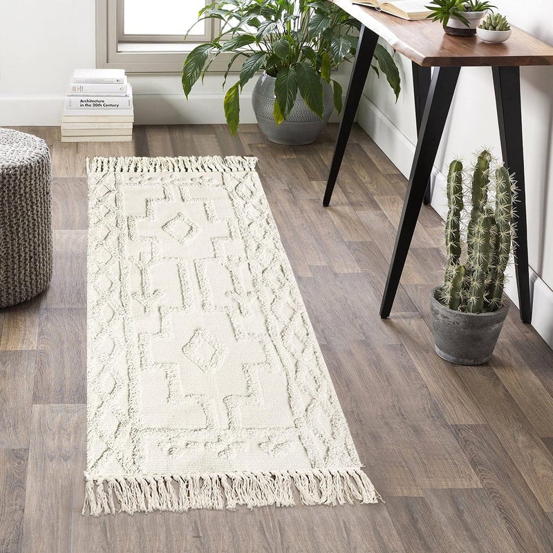 Uphome Boho Bathroom Runner Rug 2' x 4.3', Washable Woven Cotton Bedroom Rug Runners, Beige Aesthetic Tufted Entryway Runner Rugs, Bohemian Tribal Throw Rugs for Bedside Living Room Laundry Kitchen - Image 5