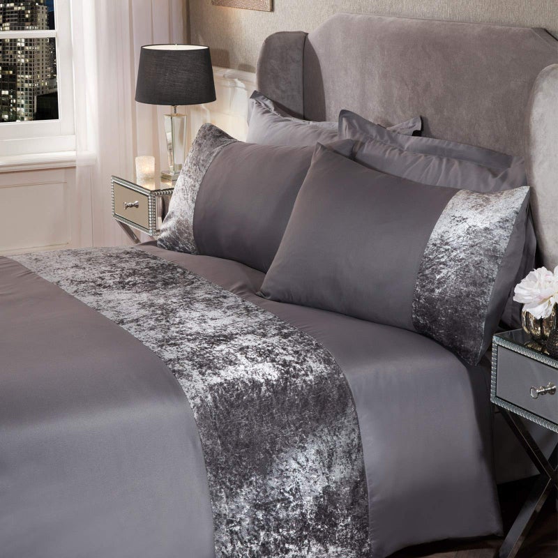 Sienna Double Duvet Set Ultra Soft Warm Luxurious Crushed Velvet Band Design Double Bedding Stylish Silver Grey Quilt Cover Set with 2 Matching Pillowcases
