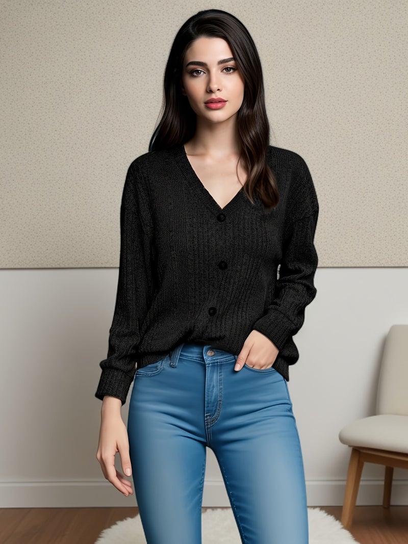 Women's Knitted Button Cardigan Long Sleeve Loose Top - Image 3