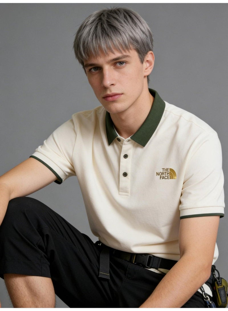 The North Face Contrast Trim Polo Shirt | Premium Moisture-Wicking Piqué Cotton Short Sleeve Casual Top with Gold Logo Embroidery - Image 1