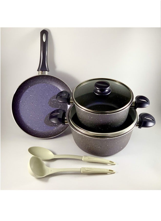 Homemaker 9-Piece Granite Vega Cookware Set - Glass Lids - 2 Deep Pots - 1 Sauce Pan - 1 Frypan - 1 Spoon - 1 Scoop -  Non-Stick Surface - PFOA Free -  Violet/Clear  - Image 4