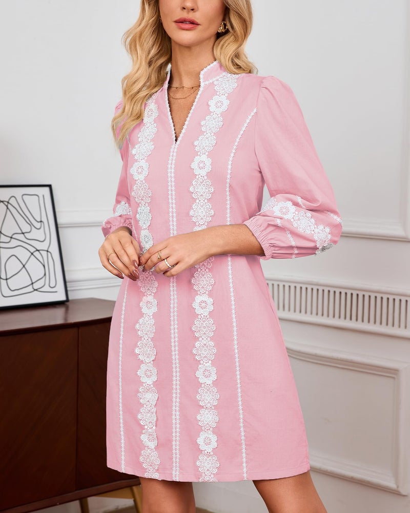 YEXPINE Women's Embroidered Lace Floral Tunic Dress 3/4 Puff Sleeve V Neck Mini Dress with Pockets Pink - Image 3