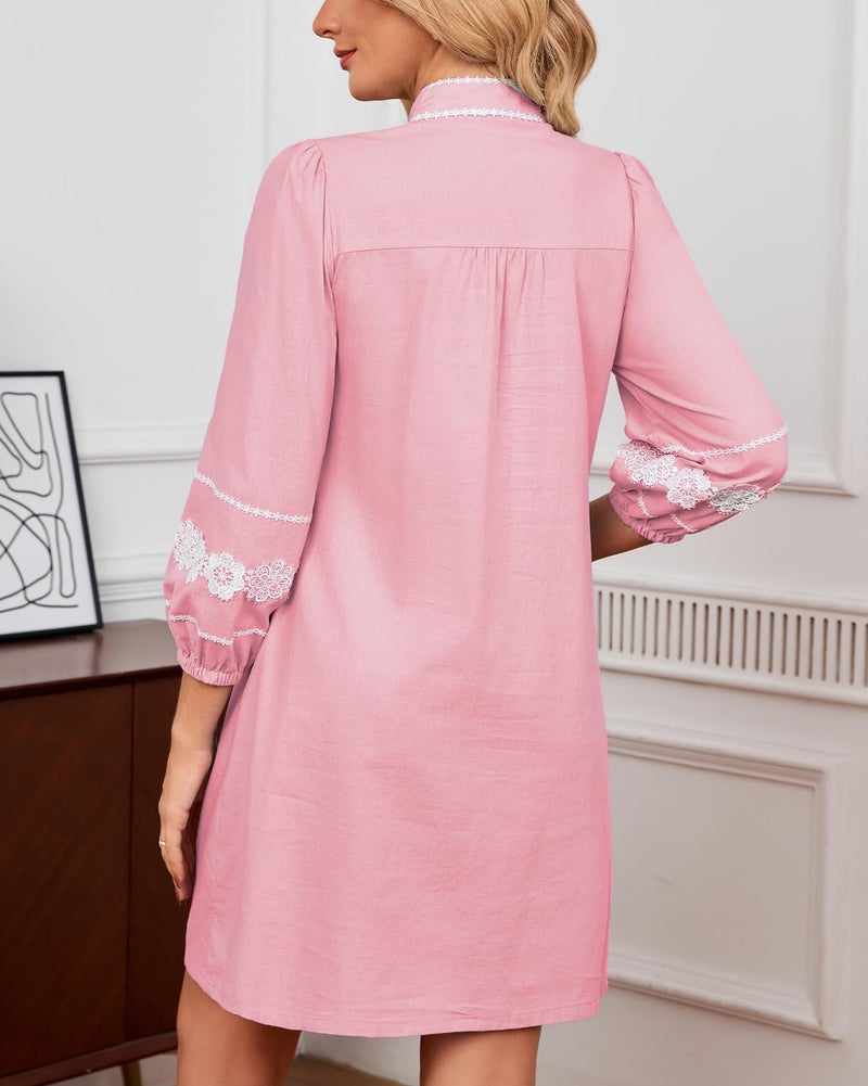 YEXPINE Women's Embroidered Lace Floral Tunic Dress 3/4 Puff Sleeve V Neck Mini Dress with Pockets Pink - Image 5