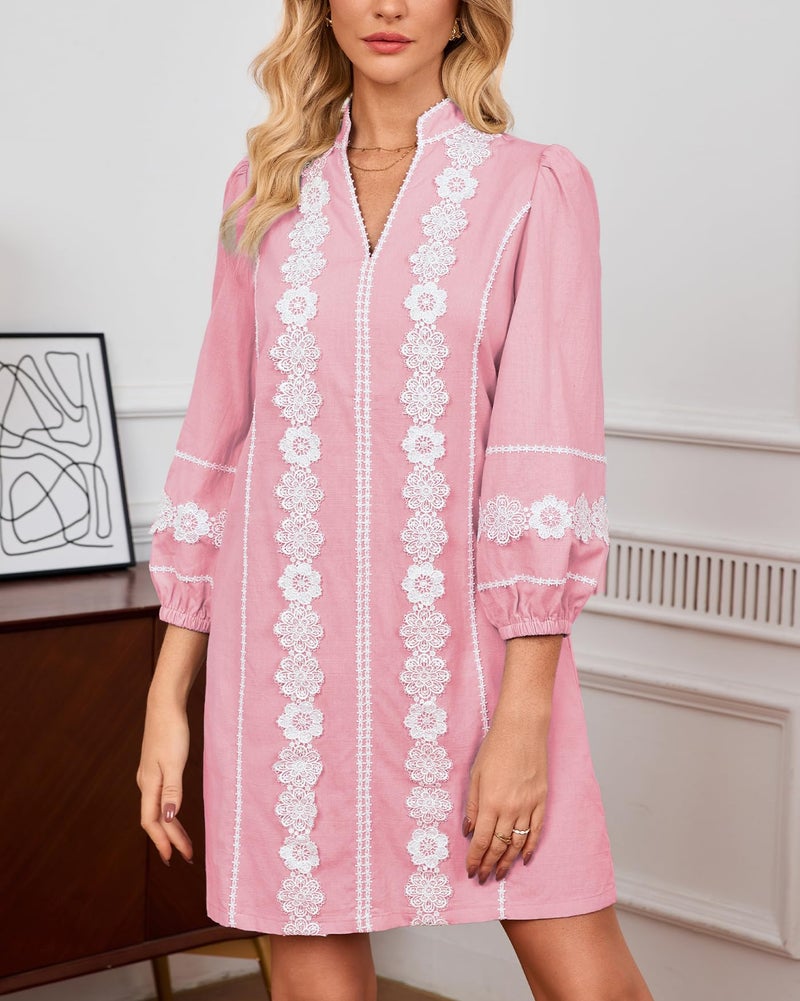 YEXPINE Women's Embroidered Lace Floral Tunic Dress 3/4 Puff Sleeve V Neck Mini Dress with Pockets Pink - Image 4