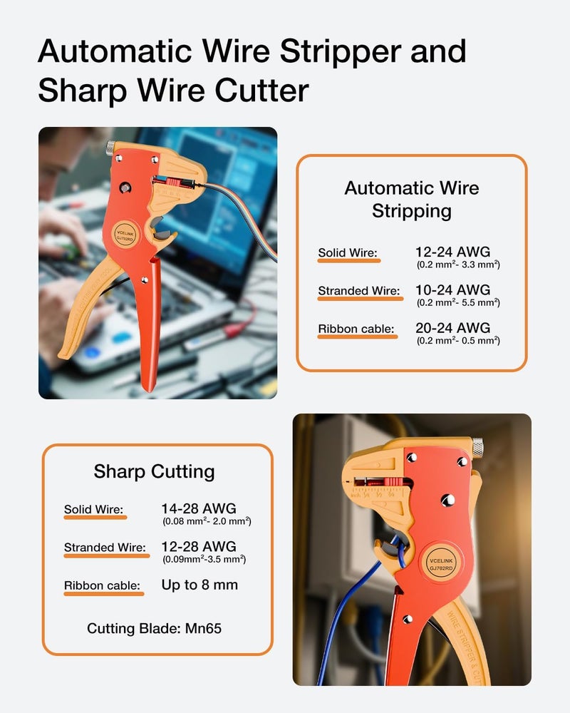 VCELINK Automatic Quickstrip Wire Stripper and Cutter, Professional Quick Strip Wire Stripper, 2 in 1 Adjustable Electrical Cable Wire Stripping Tool&Eagle Nose Pliers (7-Inch), Red - Image 2