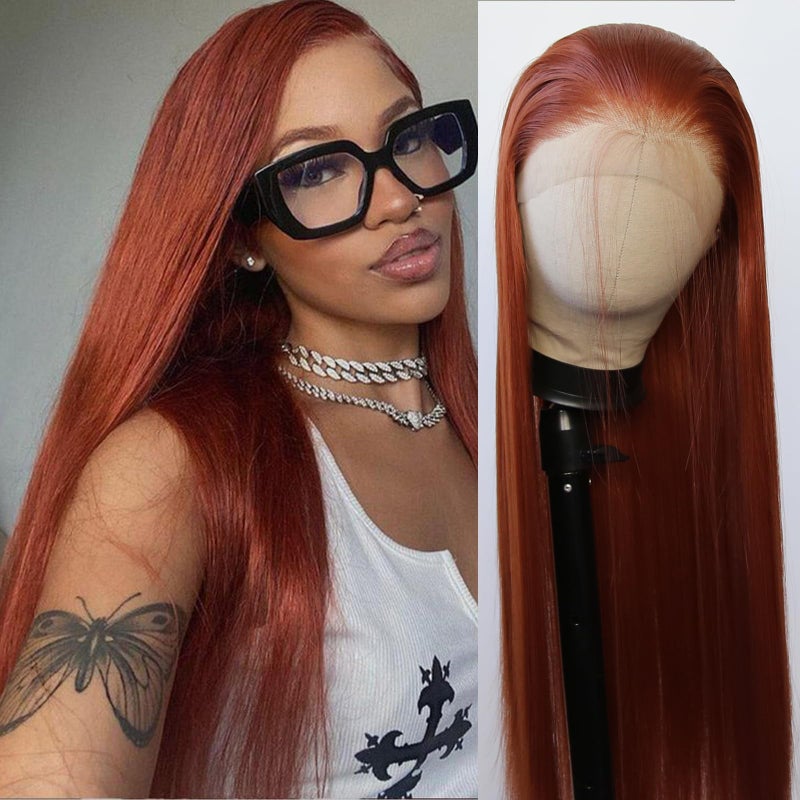 BTWTRY Ginger Brown Synthetic Lace Front Wig Long Straight Copper Lace Front Synthetic Wig Pre Plucked Natural Hairline Glueless Heat Resistant Fiber Hair Wig for Fashion Women Ginger