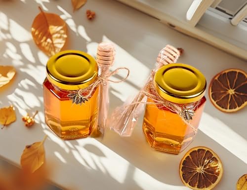 Adabocute 4oz Hexagonal Honey Jars - Glass Honey Jars with Gold Lids, Wooden Dippers, Bee Charms and Jutes - Hexagon Jars for Baby Shower, Wedding and Party Favors, 12 Pack - Image 4