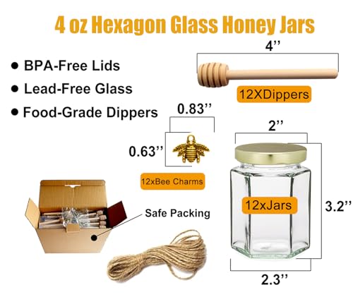 Adabocute 4oz Hexagonal Honey Jars - Glass Honey Jars with Gold Lids, Wooden Dippers, Bee Charms and Jutes - Hexagon Jars for Baby Shower, Wedding and Party Favors, 12 Pack - Image 2