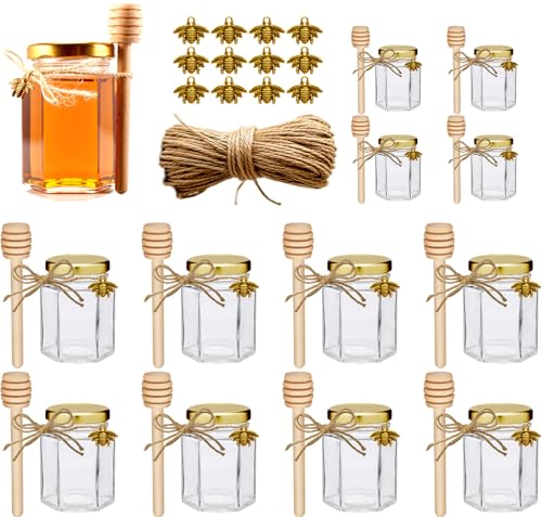 Adabocute 4oz Hexagonal Honey Jars - Glass Honey Jars with Gold Lids, Wooden Dippers, Bee Charms and Jutes - Hexagon Jars for Baby Shower, Wedding and Party Favors, 12 Pack - Image 1