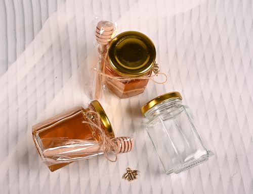Adabocute 4oz Hexagonal Honey Jars - Glass Honey Jars with Gold Lids, Wooden Dippers, Bee Charms and Jutes - Hexagon Jars for Baby Shower, Wedding and Party Favors, 12 Pack - Image 5