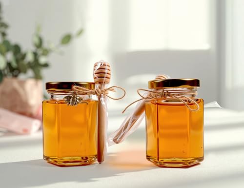Adabocute 4oz Hexagonal Honey Jars - Glass Honey Jars with Gold Lids, Wooden Dippers, Bee Charms and Jutes - Hexagon Jars for Baby Shower, Wedding and Party Favors, 12 Pack - Image 3