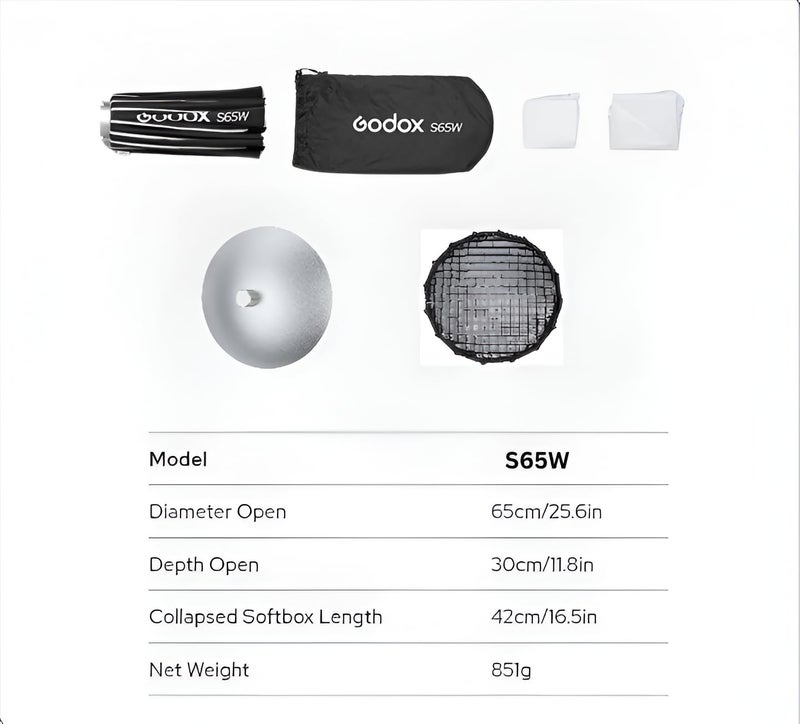 Godox S65W B/W 65cm/25.6in Quick Release Umbrella Softbox with Grid | Professional Foldable Softbox with Standard Bowen Mount & Diffusers for Photography Studio Photography - Image 4