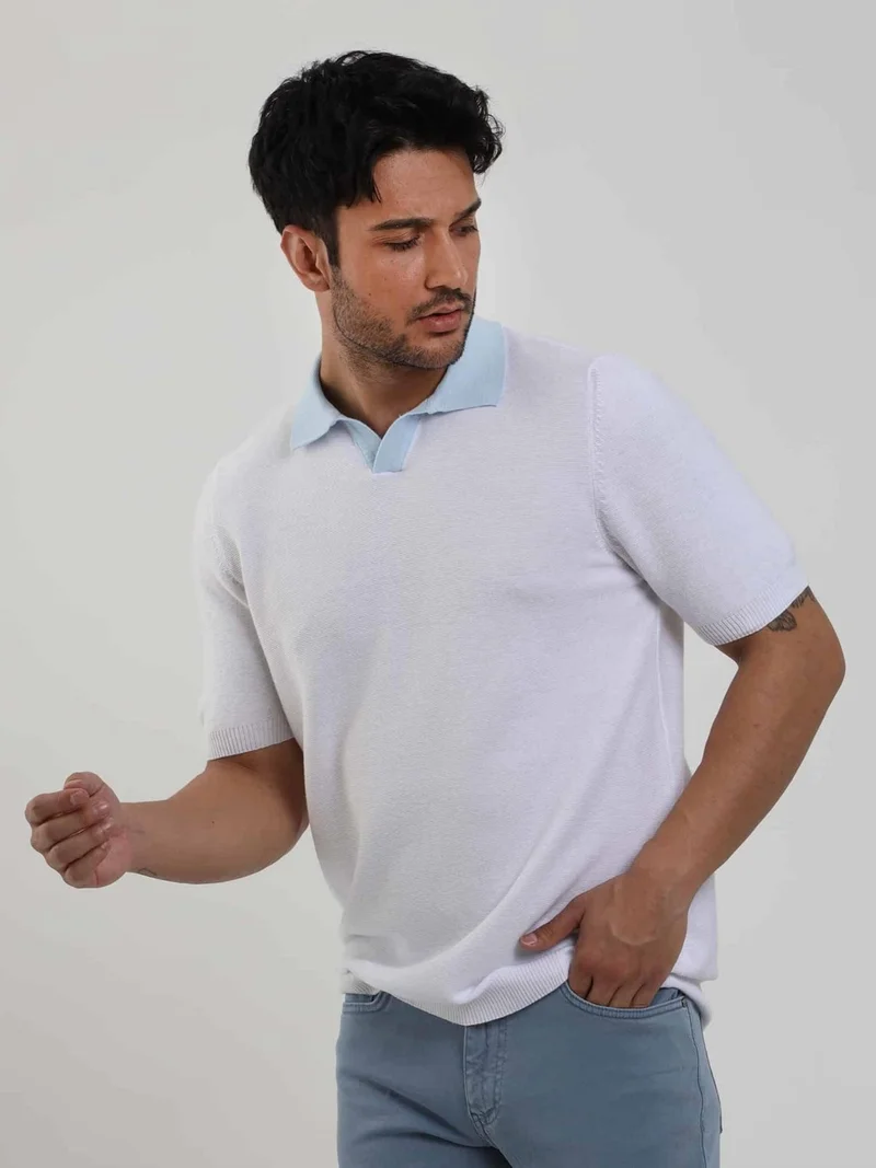 White Men's Slim Fit Plain Polo Neck Sweater - 104576