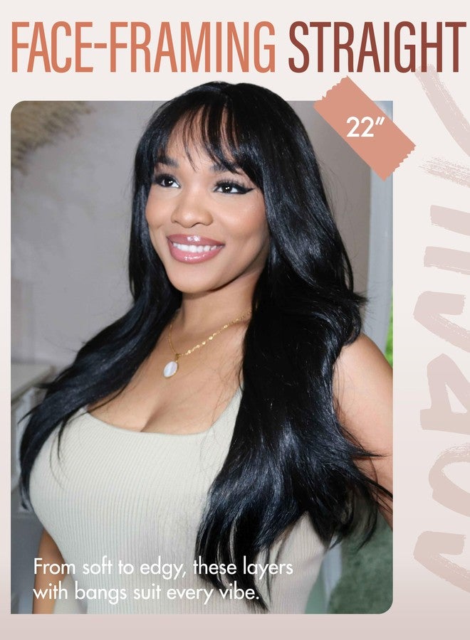 GORGIUS Glueless Wig with Bangs Natural Black Straight Layered Hair Ready-to-Go Synthetic Bang Wigs with Realistic Scalp 24 Inch - Image 2