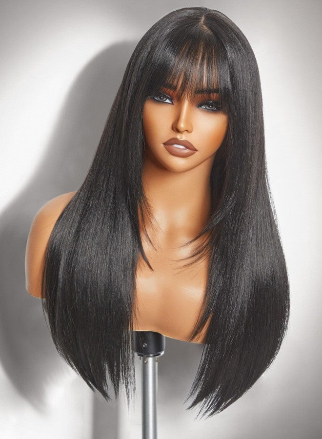 GORGIUS Glueless Wig with Bangs Natural Black Straight Layered Hair Ready-to-Go Synthetic Bang Wigs with Realistic Scalp 24 Inch - Image 1