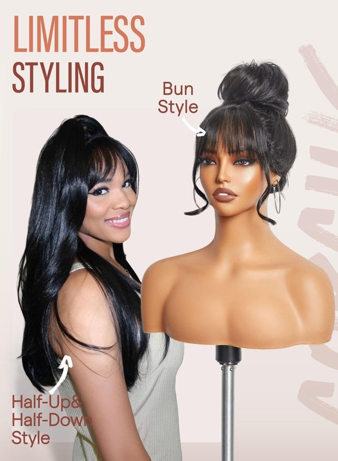 GORGIUS Glueless Wig with Bangs Natural Black Straight Layered Hair Ready-to-Go Synthetic Bang Wigs with Realistic Scalp 24 Inch - Image 5